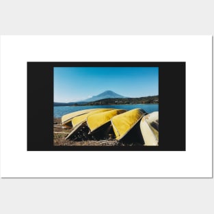 Mount Fuji - Yellow Canoes on Lake Yamanaka Shore (Japan) Posters and Art